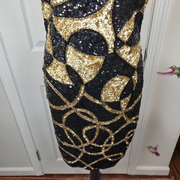 Vintage Cache Black & Gold Sequin Dress S8 80/90s Geometric Abstract Party Dress - Picture 3 of 10